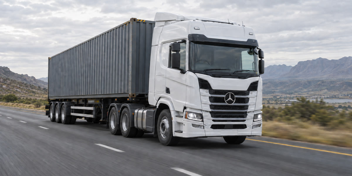 White Mercedes-Benz truck hauling a 40-foot container on a South African highway
