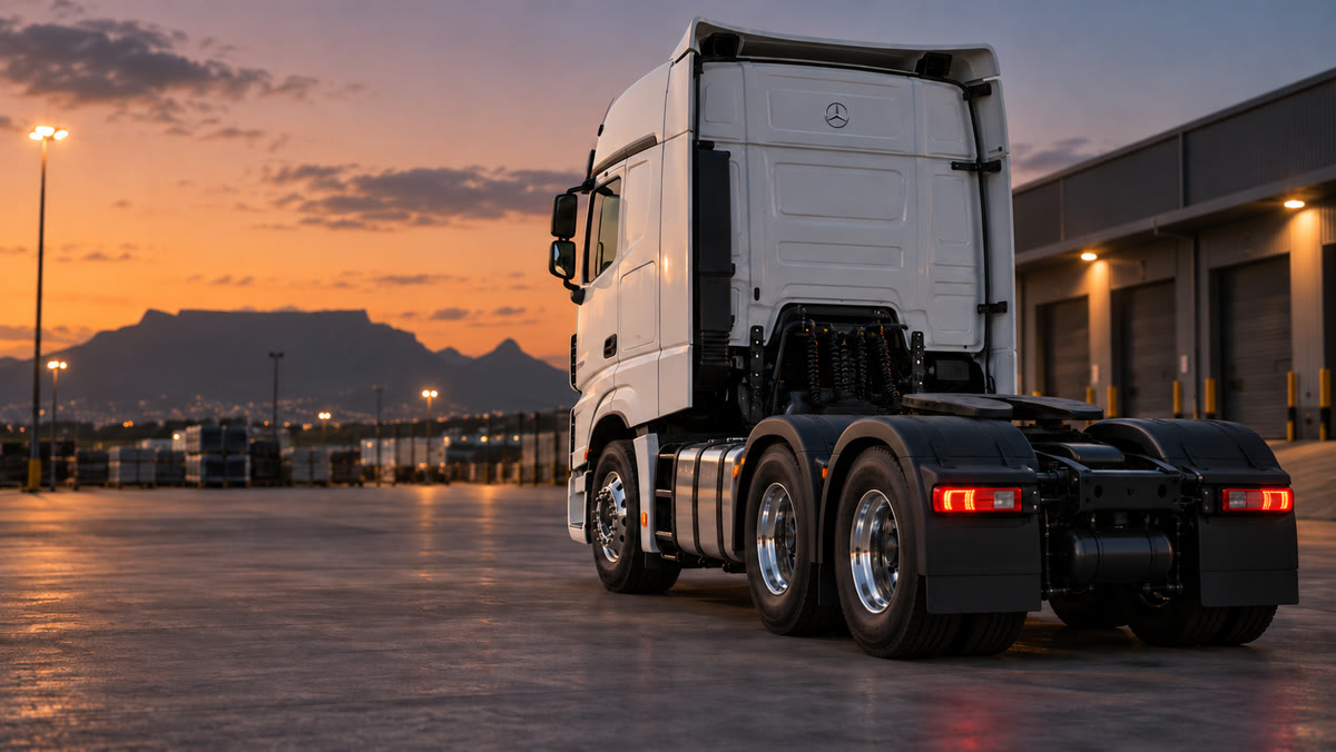 Rear view of a white Mercedes-Benz truck-tractor at a depot at dusk