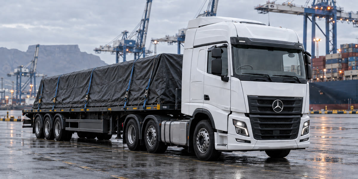White Mercedes-Benz truck and flatbed with secured industrial cargo at a port